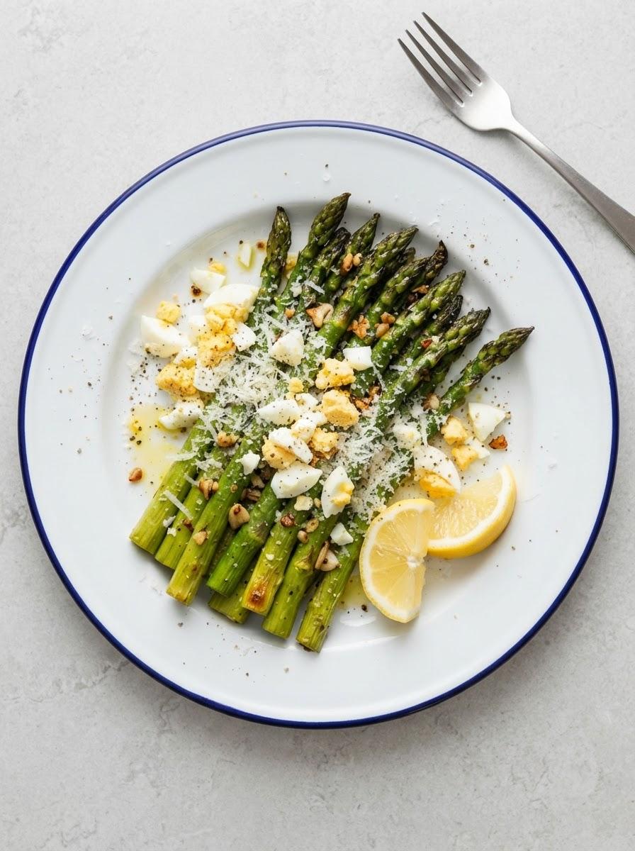 Vegetarische groene asperges uit de oven met ei