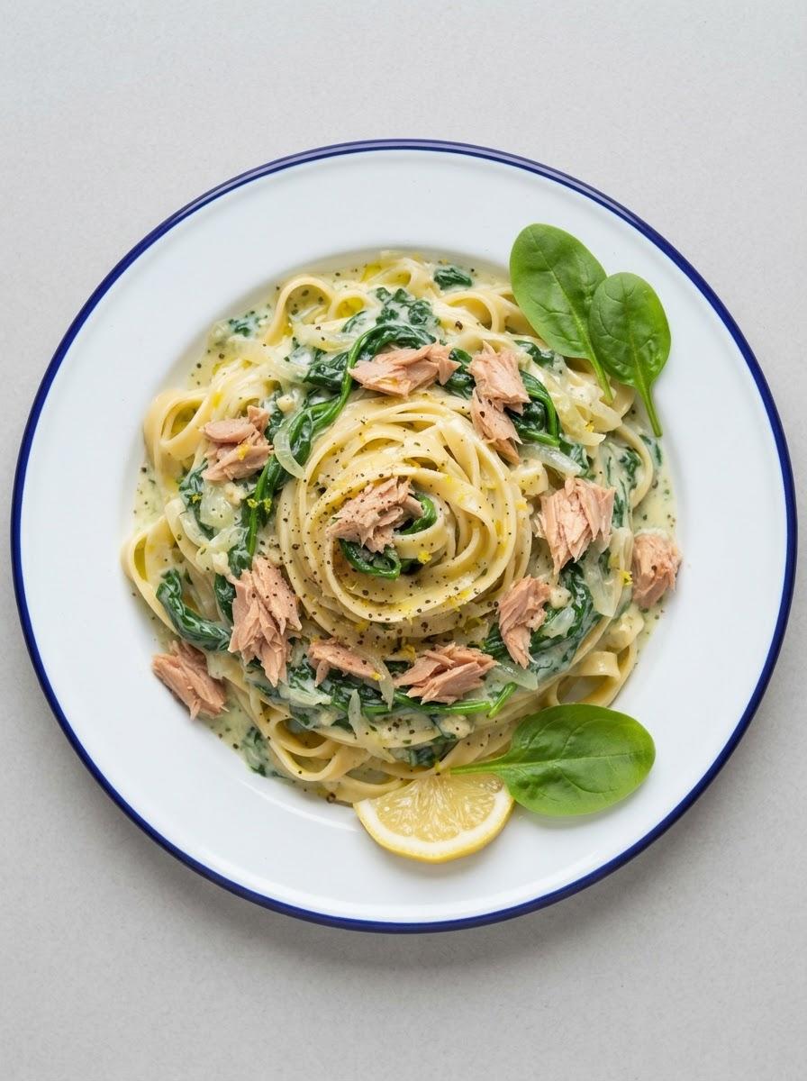 Snelle pasta met tonijn en spinazie