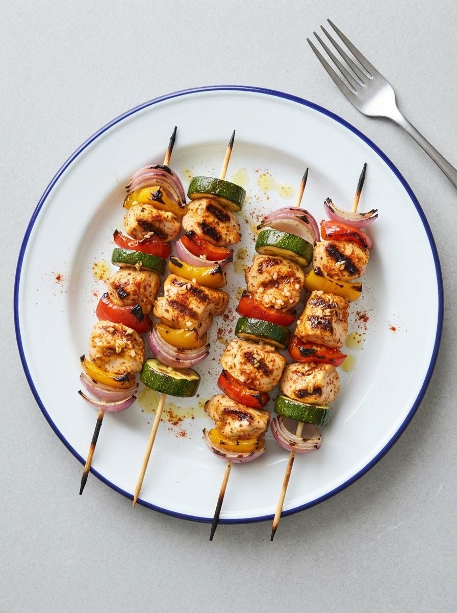 Caloriearme gegrilde kip met groentespiesjes
