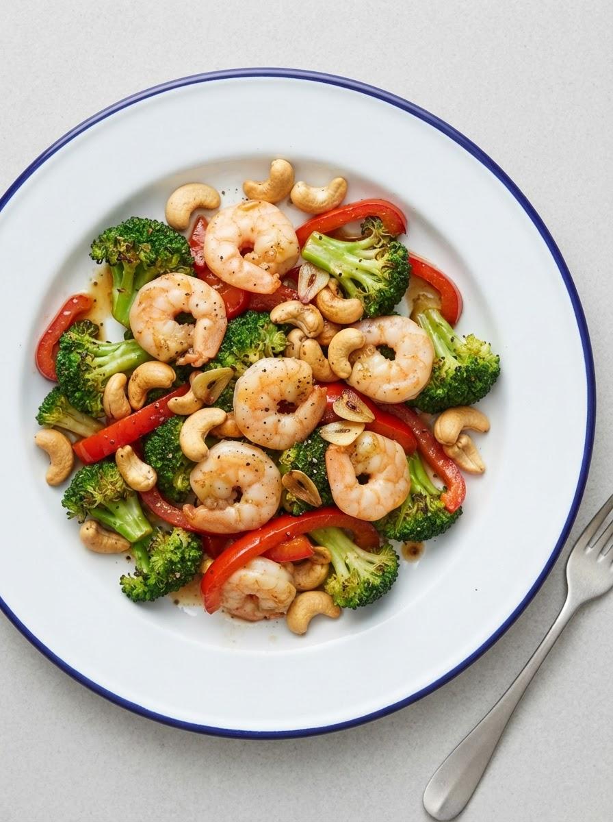 Eiwitrijke garnalen roerbak met broccoli en cashewnoten